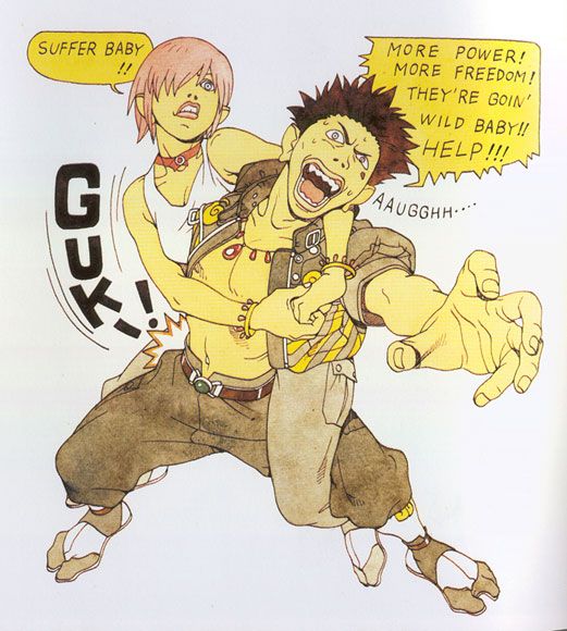this image is a comic panel featuring two characters, a female and a male.  the female character has pink hair, a white tank top, and a black leather jacket, and is standing on the male character's shoulders.  she is holding onto his neck and leaning in close, while he looks up at her with an open mouth.  he is wearing a brown jacket and pants, and has a surprised expression on his face.  both characters have a surprised expression on their faces, and the male character is speaking, "aaugghh..." .  there are speech bubbles with text in them, which indicates this is a scene from a comic book.