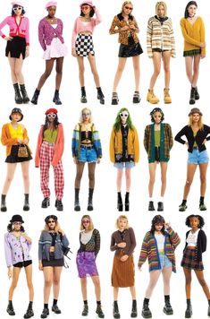 the image is a collage of 20 women, each wearing different outfits inspired by y2k fashion. they are all posing against a white background in a studio setting. the outfits feature a mix of cardigans, jeans, skirts, tops, and accessories. the overall style is reminiscent of early 2000s trends.