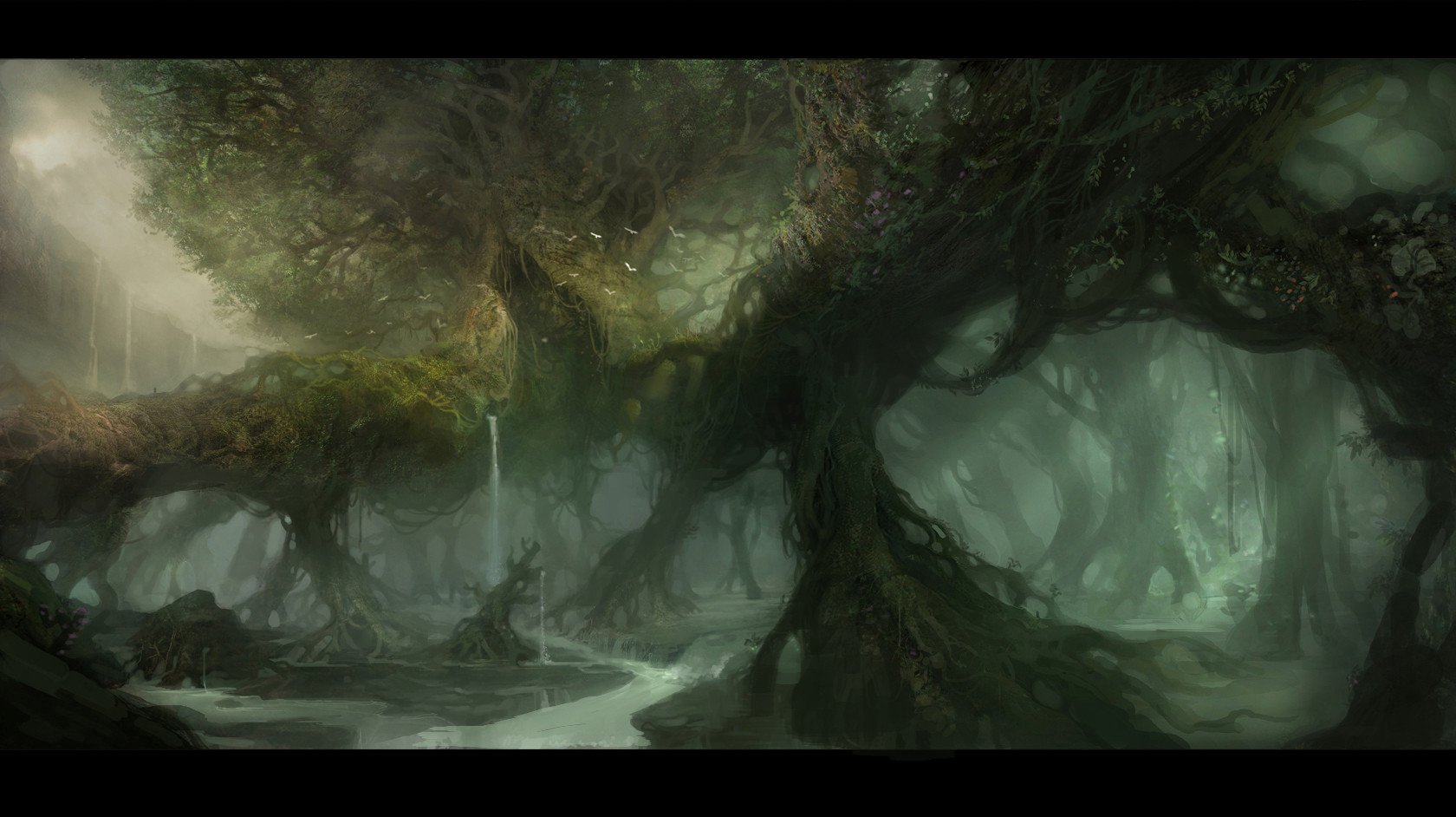 the image showcases a lush, green forest with a shallow stream running through it. large, mosscovered trees dominate the scene, their branches intertwining to create a dense canopy. sunlight filters through the leaves, casting dappled light on the forest floor. a small waterfall cascades from one of the trees into the stream below. the overall atmosphere is one of tranquility and mystery.