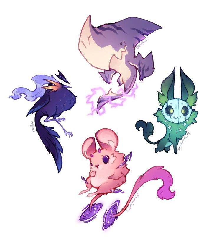 the image contains 4 fantasy creatures. one is a blue bird with a flamelike smoke design on its head. another is a large, purple creature with lightning bolts emanating from its body. below that is a pink mouselike creature with a tail and two purple circles under its feet. next to the mouselike creature is a green batlike creature with a mask on its face and leaves around its body.