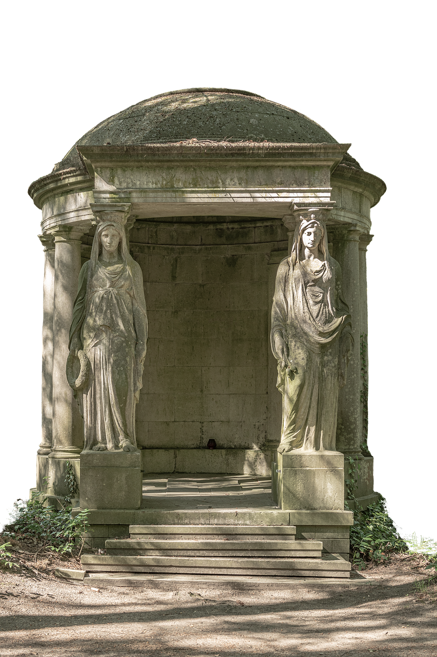 the image shows a stone building or monument with two statues of women standing on either side of the entrance. the building has a domeshaped roof and columns supporting the structure. there are steps leading up to the entrance and greenery surrounding the base of the monument. the background is dark, possibly indicating a forest or park setting.