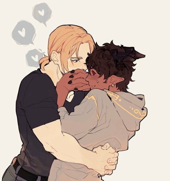 the image shows two anime boys hugging. the boy on the left is blonde with blue eyes and is wearing a black shirt and blue jeans. the boy on the right has brown hair and brown eyes and is wearing a light grey hoodie with a yellow trim. they are hugging each other tightly, and it appears as if they are about to kiss. there are several hearts drawn around them, indicating that this is a romantic scene. the image is very cute and shows the affection between the two boys.