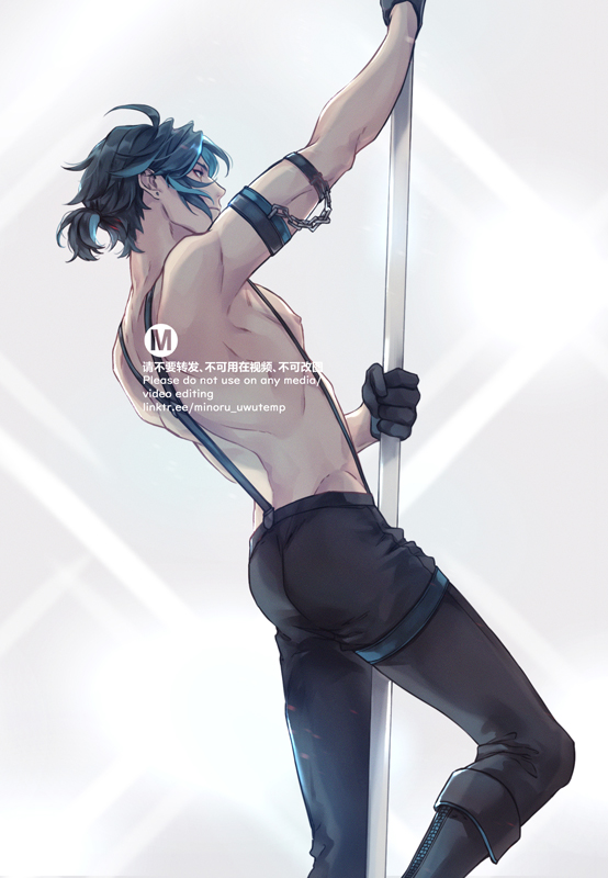 this is a digital illustration of a young, handsome anime boy.  he is shirtless and wearing black pants, suspenders, and boots.  he is leaning on a silver pole, looking down with a thoughtful expression on his face.  he has blue hair and blue eyes.  he is very muscular and appears to be a dancer.  the background of the image is a light gray and white.  the illustration is very detailed and has a high level of quality.  this image is a beautiful and stylized work of art that is sure to please fans of anime.