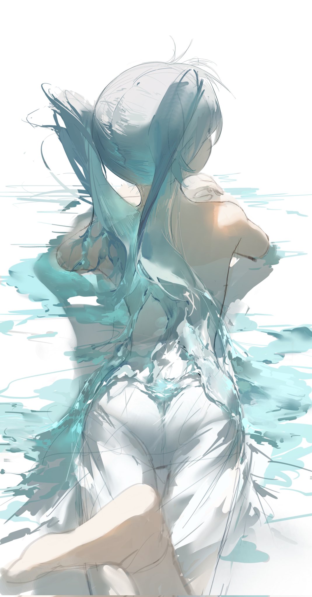 the image is a digital painting or illustration of an animestyle girl with long, teal twintails submerged in water.  her back is to the viewer, and her hair appears to blend and flow with the water, creating a dreamlike effect. she's wearing a flowing white dress that also seems to be affected by the water's movement. the overall style is soft, ethereal, and suggestive, with a focus on light and texture rather than sharp detail. the background is a light, almost transparent water scene that adds to the ethereal atmosphere. the artistic style uses a blend of soft lines and watercolorlike textures for a dreamy and visually appealing image.