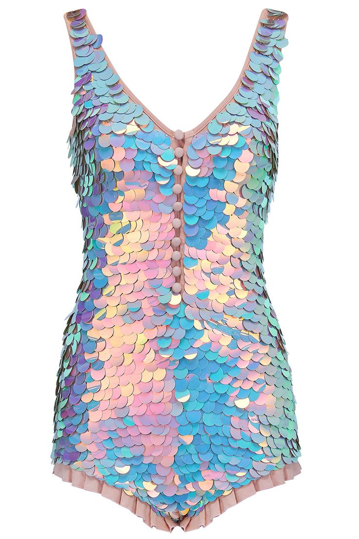 a sequined mermaid dress with iridescent scales and a buttonup front. the dress is a bright blue, pink, and purple, with a ruffled hem. it's a fun and festive outfit for a party or holiday.