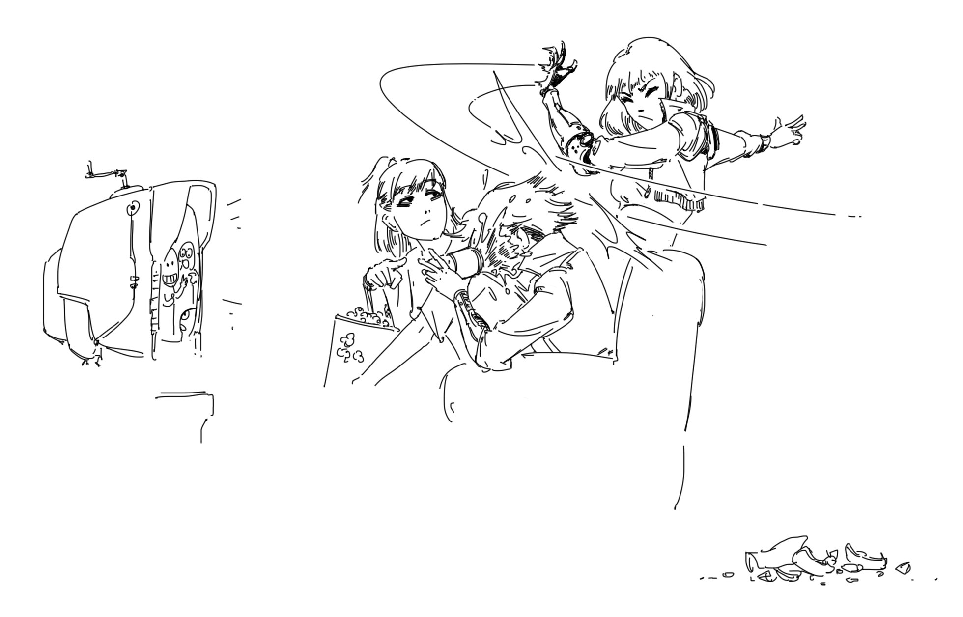 a dynamic black and white sketch depicting a chaotic scene.  two animestyle girls are engaged in a fight, one with what appears to be a robotic arm, while a couple sits in a chair watching television. the couple appears to be unbothered by the fighting.  popcorn is scattered nearby, and pieces of what could be broken objects lie on the ground.  the art style is loose and expressive, focusing on movement and energy rather than precise detail. the overall impression is one of sudden, unexpected disruption and chaos.