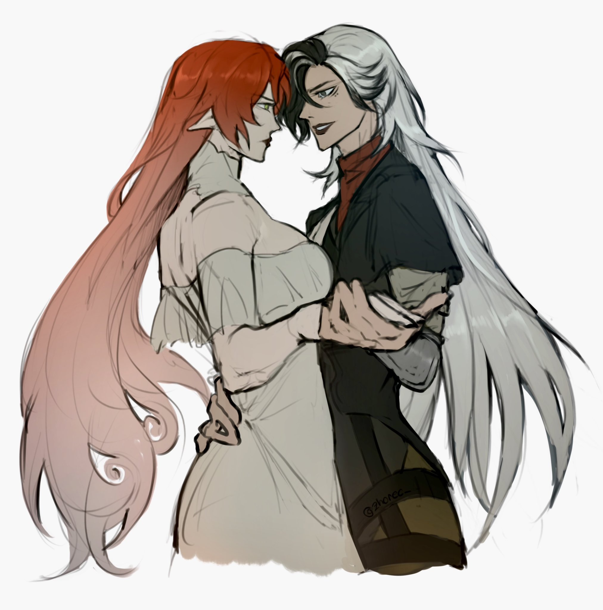the image is a digital drawing or painting in an anime style, depicting two women intimately close to each other. one woman has long, flowing red hair and wears a lightcolored, elegant dress. the other has long, white hair and wears darker, more formfitting attire suggesting a more powerful or warriorlike style. they are embracing, their faces close together, creating a sense of romantic tension and intimacy. the style is soft, but with a defined sense of form, the colours are muted but expressive, and overall the art style seems to emphasize emotional connection and movement.