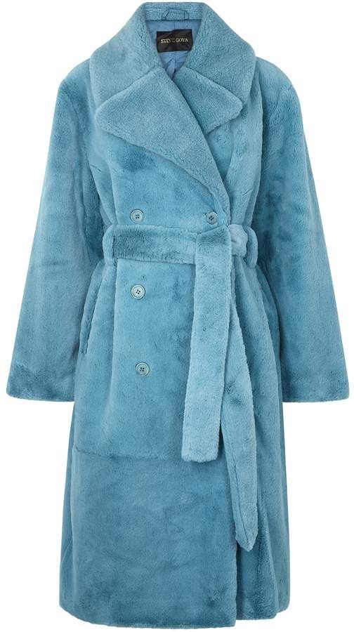 a blue faux fur coat with a belt. the coat is double breasted and has a long sleeve. it appears to be made of soft, fuzzy faux fur.