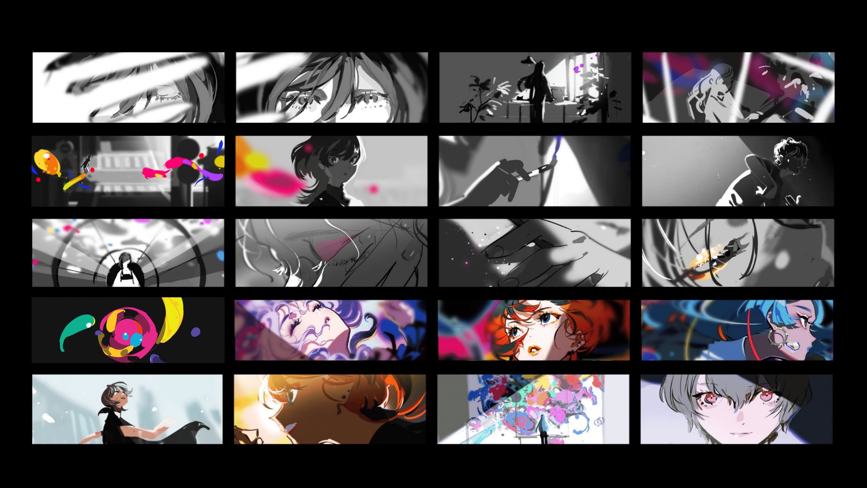 this image presents a collection of storyboard panels or style frames likely for an animation or visual project.  it features a diverse cast of characters in various settings, from vibrant cityscapes to minimalist interiors.  the art style leans towards anime and utilizes dramatic lighting and perspective to create a strong sense of mood and atmosphere.  the use of both color and monochrome panels suggests a dynamic visual experience.
