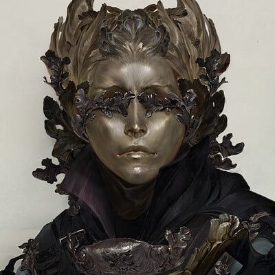 a digital fantasy art portrait of a character with a metallic, sculpted appearance. the character wears a crown or headdress of leaves, a leaflike blindfold over their eyes, and a dark cloak with a stiff collar. the artwork resembles a detailed bust sculpture.