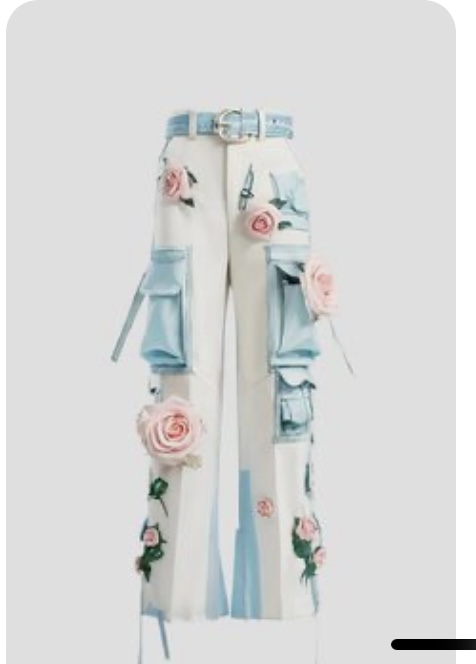 the image showcases a pair of white cargo pants adorned with 3d pink roses and light blue accents. the pants have a high waist and a straight leg, with multiple cargo pockets adding a utilitarian touch to the feminine design. they are displayed against a plain white background in a studio setting.
