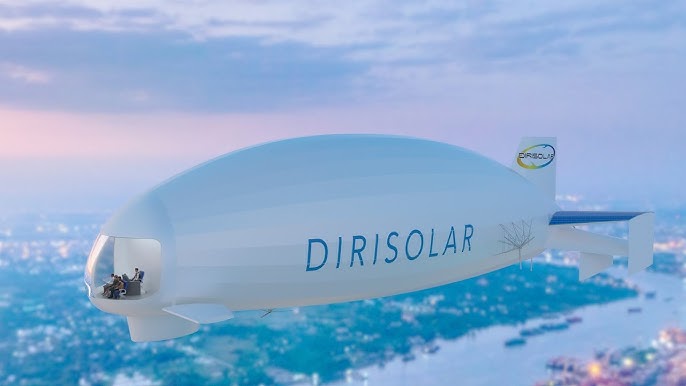 an illustration of a futuristic, environmentallyfriendly blimp called "dirisolar" hovering over a city. the blimp is white with blue and yellow accents, and it has a large solar panel on its top. the blimp is flying over a city with a blurry background of water and buildings.  the sun is setting or rising, creating a warm glow in the sky.