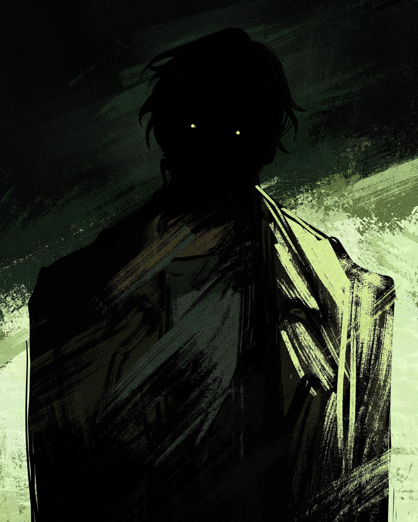 a shadowy figure, likely a man, dominates the frame. his face is shrouded in darkness, with only his glowing eyes piercing through. the figure wears what appears to be a coat or jacket, the details obscured by the low lighting.  the overall effect is chilling and mysterious, leaving the viewer to wonder about the true nature of the figure and the source of the eerie glow in his eyes.