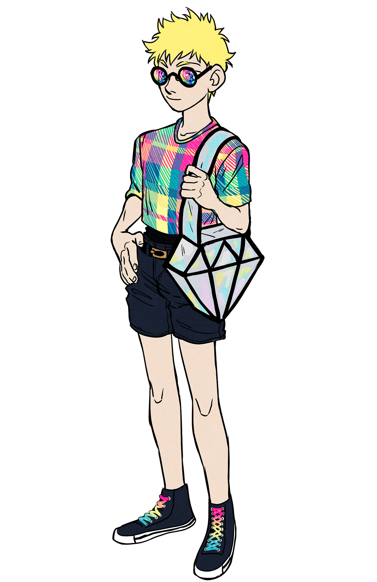 a cartoon drawing of a blonde man with a trendy, colorful outfit stands against a white background. he wears a bright multicolored plaid tshirt, black shorts, colorful shoelaces, and stylish sunglasses.  he carries a unique diamondshaped white bag with a colorful pattern on his shoulder.