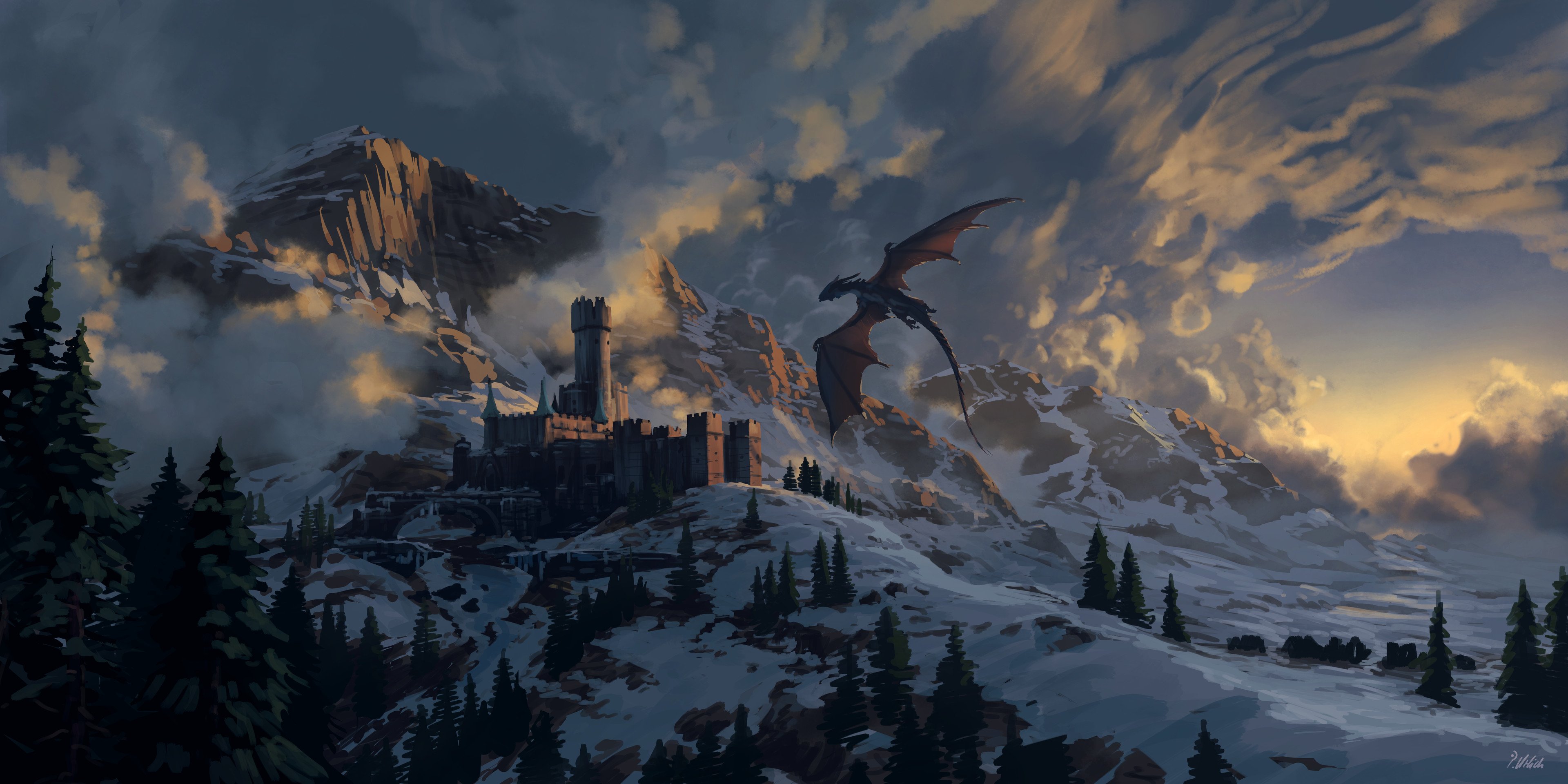 the image is a digital painting depicting a fantasy landscape. a large, darkcolored dragon is flying over a snowcovered mountain range.  in the middle ground, a medieval stone castle sits perched on a hillside, partially obscured by mist or fog. the mountains are rugged and imposing, with snow covering their peaks and slopes. the sky is filled with dramatic clouds, with warm sunset colors visible through the clouds toward the horizon. the overall scene is cold, epic, and evokes a sense of mystery and fantasy.  dark evergreen trees dot the landscape, adding depth to the snowy scene. the style is painterly, with visible brushstrokes, giving it a somewhat atmospheric and lessdetailed look, enhancing the dreamy feel.