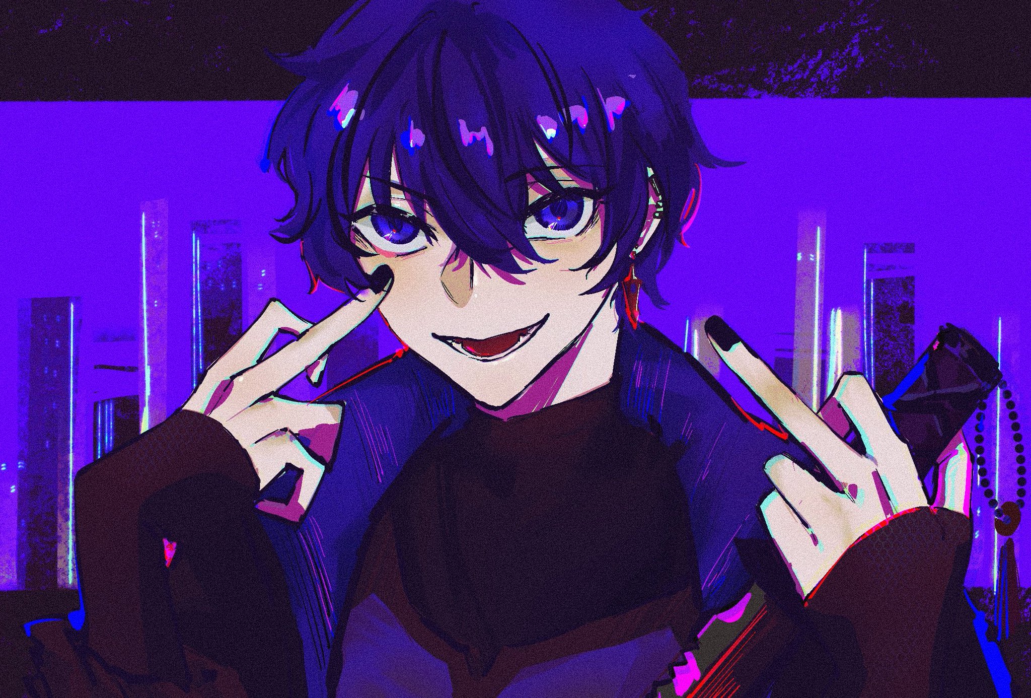 a digital illustration of an anime boy in a purple jacket and dark blue hair in front of a city skyline at night, his eyes are wide with a mischievous smile. the background is a bright purple with neon lights. he is holding his hand up with a peace sign, the other hand is showing the middle finger. his expression is dark and cool.