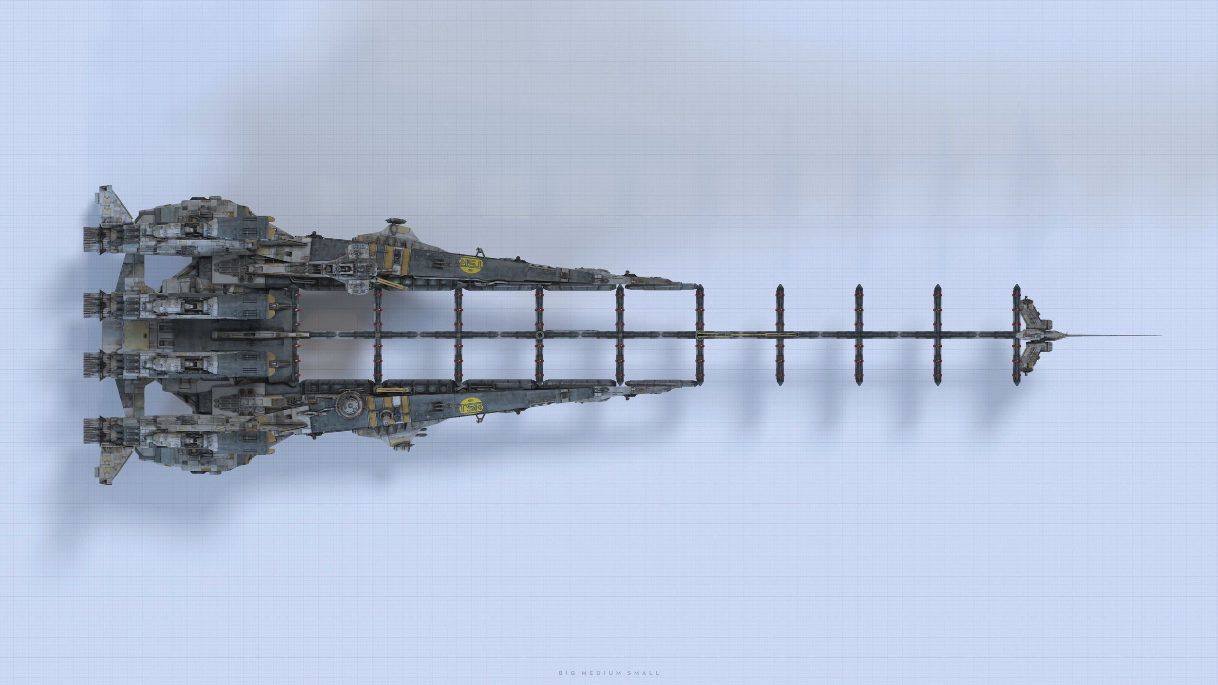 the image is a detailed, topdown 3d rendering of a large, futuristic spaceship.  the vessel is grey and appears heavily armored, with multiple engine pods on each side, suggesting significant propulsion capabilities.  its design is modular, with a central backbone and interconnected sections.  a long, thin structure extends from the rear of the central body, possibly for cargo or other deployment systems. the ship is depicted on a light blue grid background, reminiscent of a blueprint or technical drawing, emphasizing its engineering design. the overall style is gritty and realistic, conveying a sense of scale and power.  a small text at the bottom reads "big medium small".