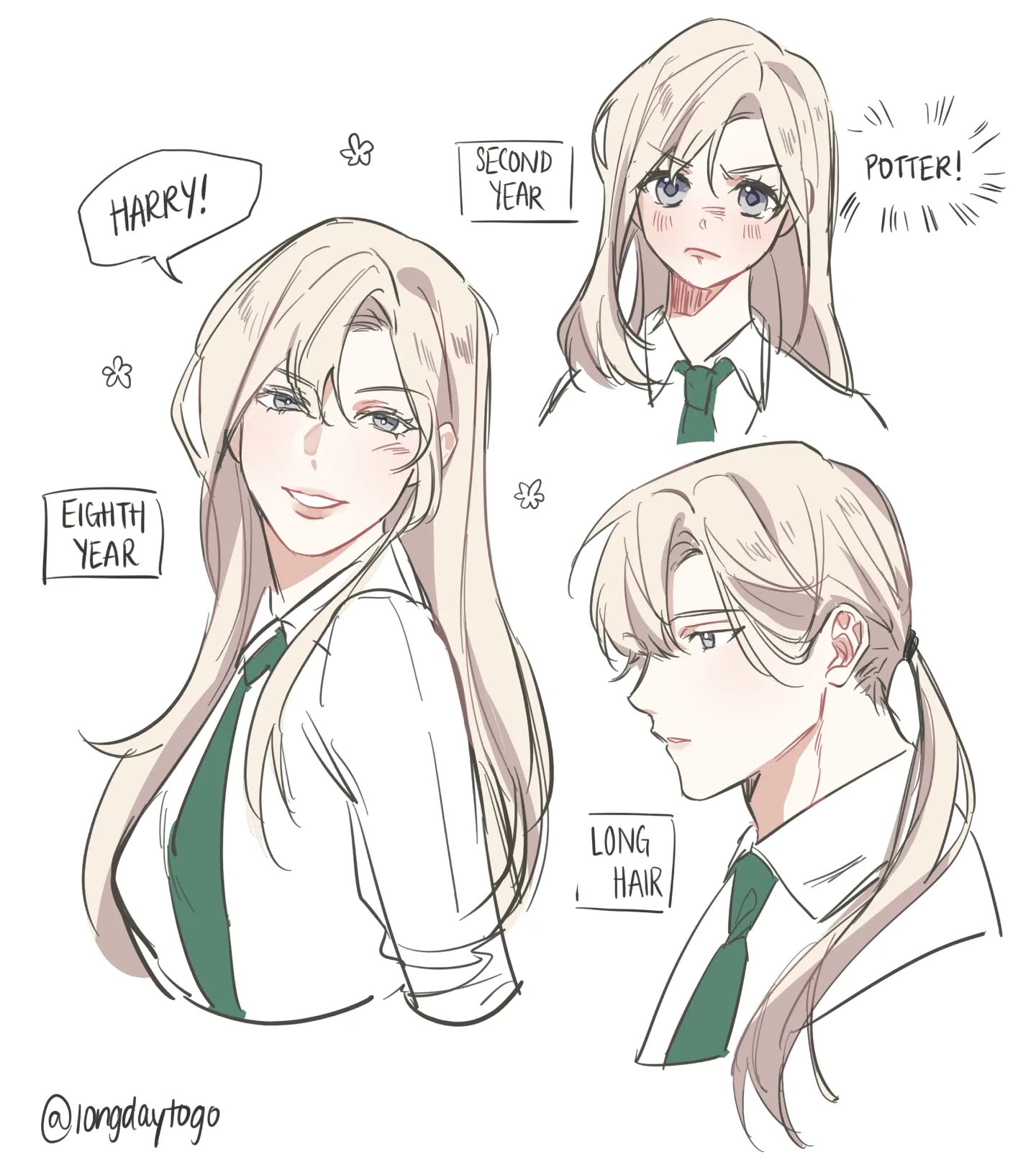 he image contains four illustrations of a female character in different styles and ages, possibly representing her at different stages in life or different interpretations of the same character.  each illustration features the character with long blonde hair, dressed in a school uniform with a green tie.  speech bubbles add context, suggesting some connection to "harry potter," referencing "eighth year" and "second year," as well as "potter!" and "harry!".  the style is reminiscent of anime and manga, with soft lines and a delicate color palette. the artist's signature "@longdaytogo" is present in the bottom left corner.