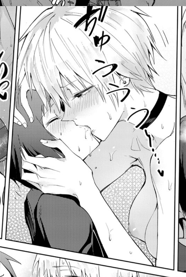a closeup black and white manga panel depicting two young men passionately kissing. the scene is intimate and intense, with sweat visible on their skin. the style is typical of boys' love (bl) manga, with exaggerated expressions and focus on the emotional connection between the characters.  the image suggests a strong and possibly romantic relationship.