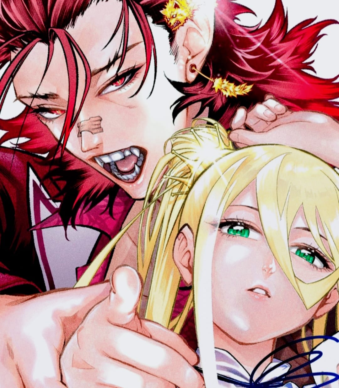 this is a close up of a manga drawing of a young woman and man, the woman has long blonde hair and is looking at the camera with a slight smile, the man has red hair and is looking at the woman with a fierce expression. the man's hand is