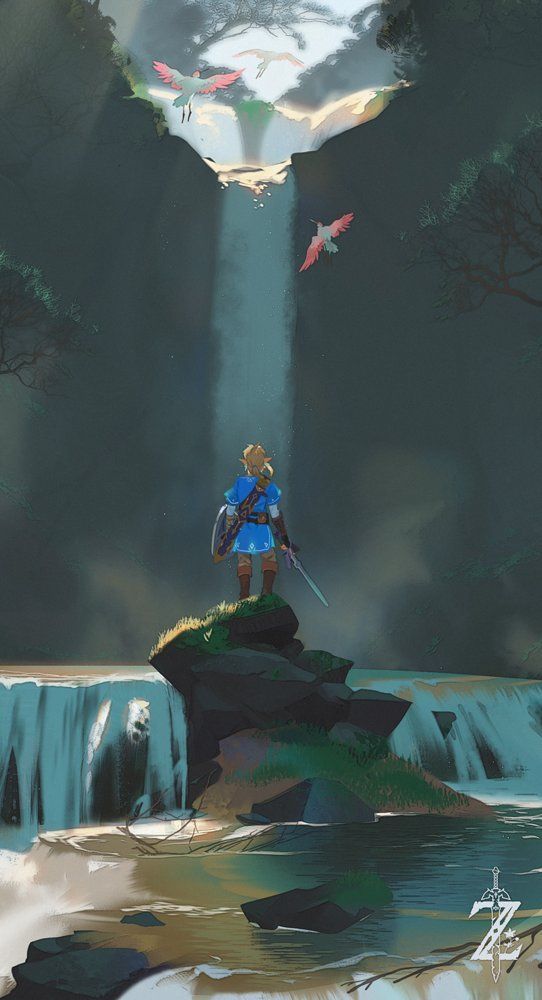 the image shows a character, link, from the video game the legend of zelda, standing on a rocky cliff near a waterfall. he's wearing his signature blue tunic and carrying a sword and shield. above him, birds fly near the top of the waterfall where the sky is visible. the scene captures a sense of adventure and natural beauty. the zelda logo is in the bottom right corner.