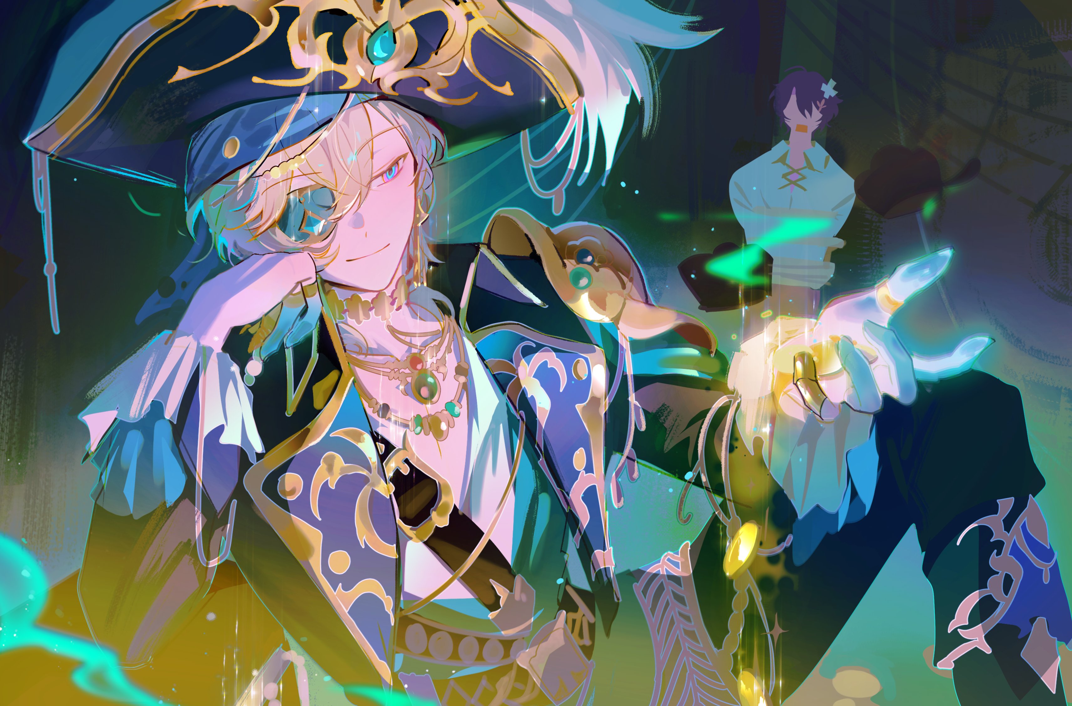 the image is a vibrant digital painting of an animestyle young man dressed in a richly detailed pirate captain's costume. he has blonde hair, an eyepatch, and is adorned with gold jewelry. his outfit features a teal and gold tricorne hat, a dark blue and teal jacket with gold accents, and elaborate embellishments. he is seated in a dynamic pose, one hand resting on his chin, the other outstretched, as if casting a spell or manipulating magical energy. the background features blurry suggestions of a dark, mysterious environment with hints of green glowing energy. another, less detailed figure is visible in the background, adding to the overall dramatic mood.  the style is painterly and expressive with a focus on rich color and texture.
