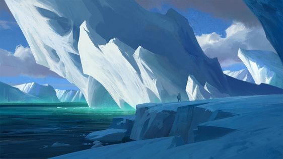 a lone man stands on a snowcovered outcropping, gazing out at a vast expanse of icy water. towering icebergs, their peaks reaching towards the cloudy sky, dominate the background. the water is a deep, cold blue, reflecting the overcast sky. the overall palette is dominated by cool blues and whites, creating a sense of isolation and the unforgiving nature of the arctic environment.