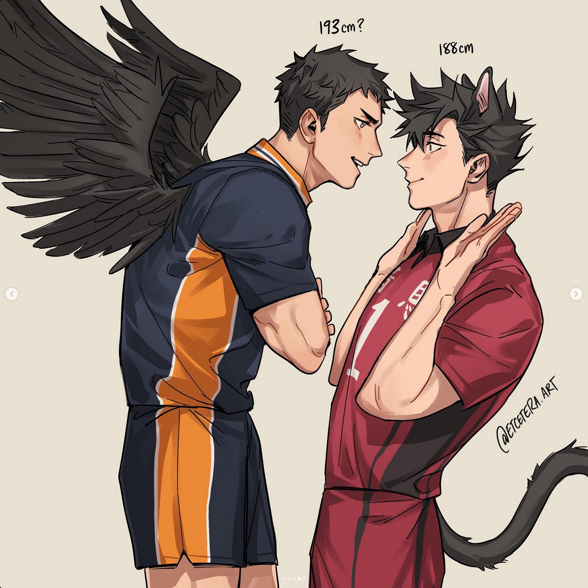 the image shows two muscular men in sportswear standing close together and looking at each other. the taller man on the left has black angel wings and wears a black and orange uniform. he has short dark hair and is smirking. the shorter man on the right has black cat ears and a tail and wears a red uniform. he has slightly spiky black hair and a pleased expression. there are height markers above their heads, with the taller one listed as 193cm and the shorter one as 188cm. the artist's signature, @netchira_art, is visible on the right side of the image.