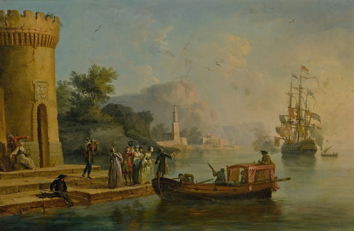 the painting depicts a harbor scene with people embarking on a boat near a tower. a large ship is visible in the background on the water. the scene is set in an 18thcentury rococo style landscape.