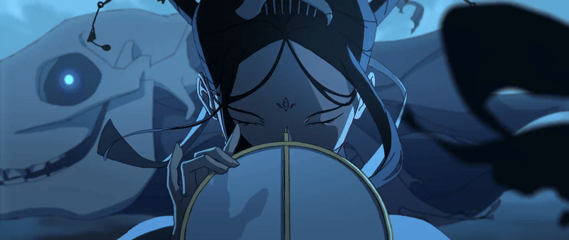 an animestyle closeup of a woman with dark blue hair and white clothing, she has her eyes closed and her head is tilted down. she is holding a round mirror in front of her face with one hand, the background is dark blue and shadowy.