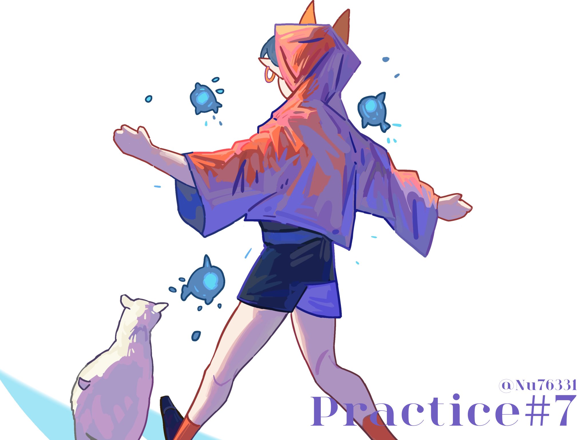 a digital drawing of a girl with an orange and purple jacket walking with a white cat on a path in the sky. there are blue orbs floating around her. the drawing has a purple caption that says "practice #7" at the bottom right.