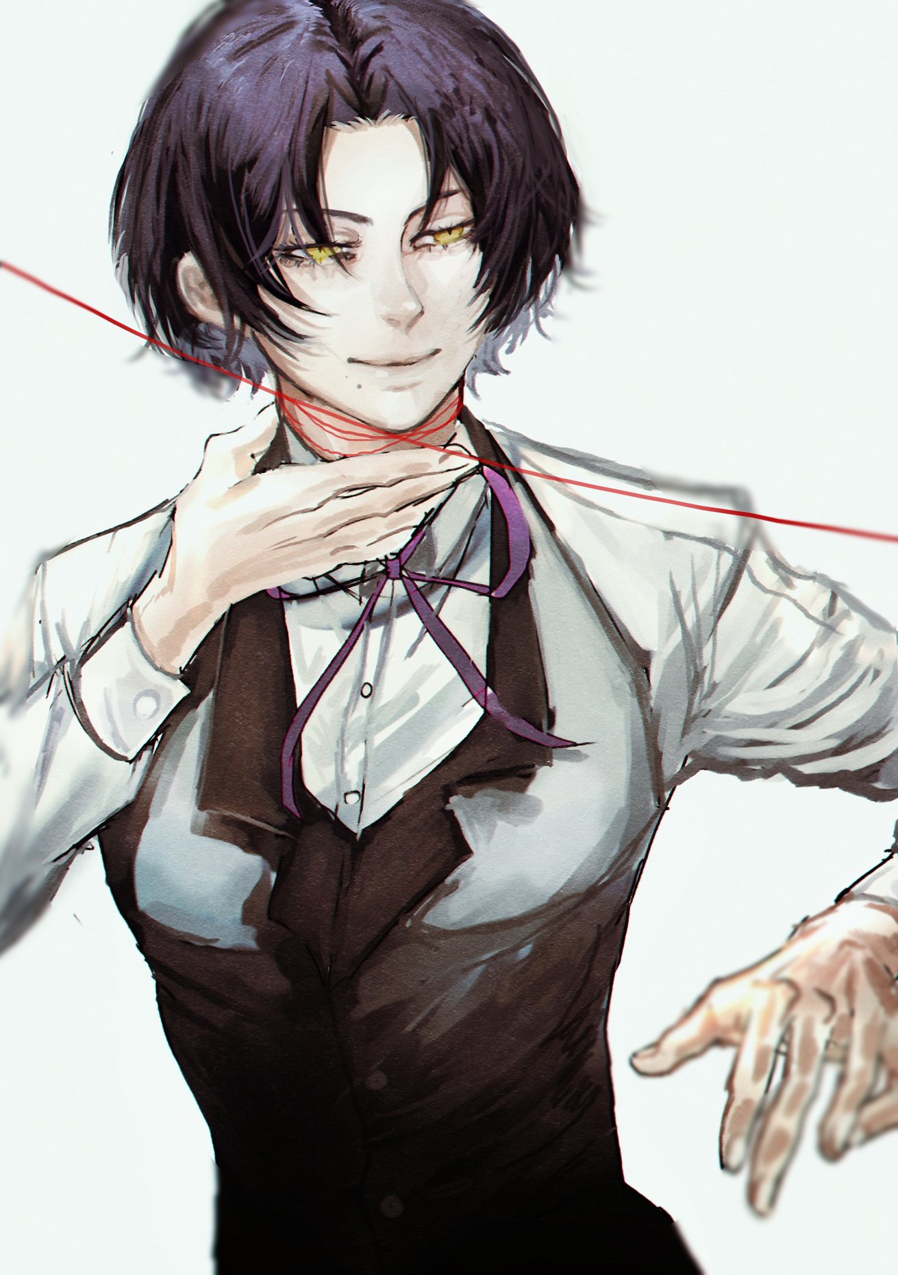 a drawing of an anime character with short dark hair, a white shirt, black vest, and a purple bowtie. there is a red string around their neck and they are holding the string in their hands. they are looking down with a slight smile. the character's eyes are yellow, and the background is white.  the image is a drawing, and the style is similar to anime and manga.  there is a lot of detail in the clothing, and the character's expression is subtle, making them seem mysterious and captivating.