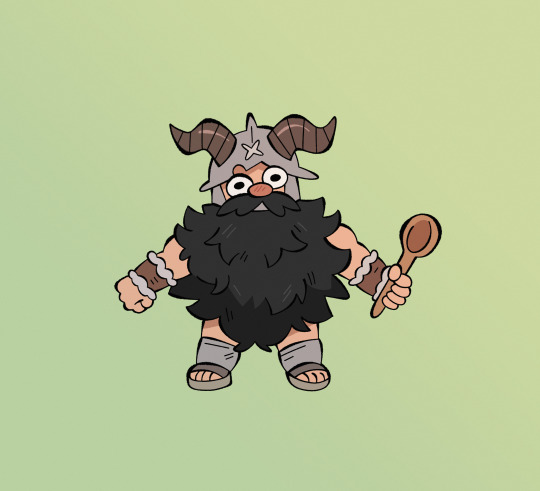 a cartoon illustration of a warrior with a large, black beard, horned helmet, and loincloth, wielding a wooden spoon.  he's short and stout with a funny expression on his face.