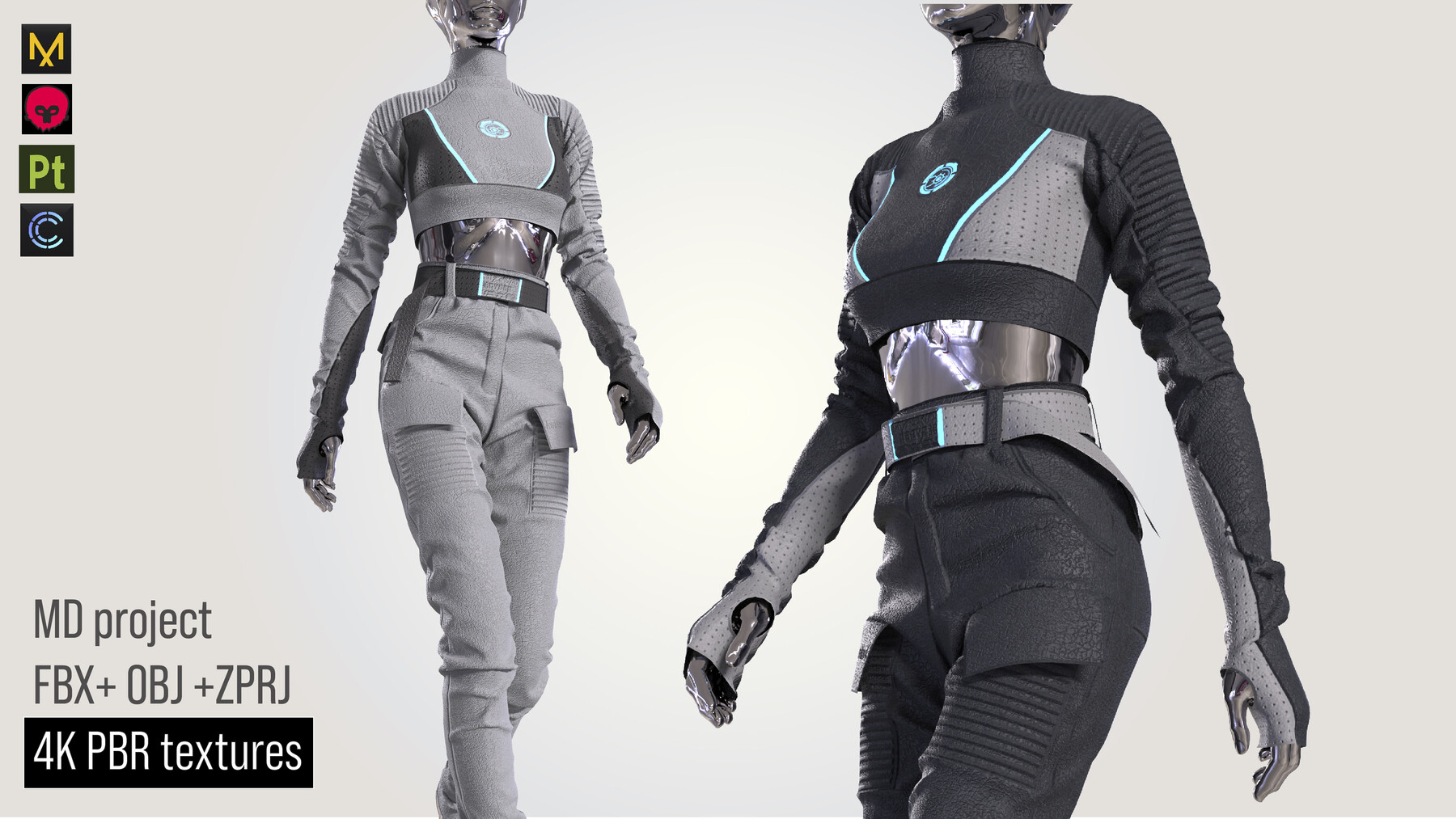 a 3d render of two futuristic robot women. they are wearing grey and black clothing, the clothing is  futuristic in style and includes glowing blue accents and detailed texturing. they are both standing in front of a white background, the robot on the left is looking to the right with her arms slightly out at her sides, and the robot on the right is looking to the left with her arms slightly out at her sides. the image is a concept art piece that is welllit and wellrendered.