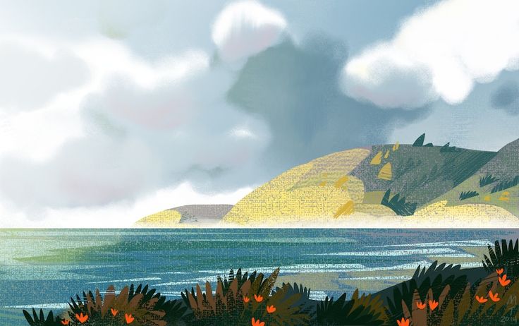 the image is a digital illustration of a tranquil ocean scene. the foreground showcases a bed of dark green foliage interspersed with bright orange flowers, leading the viewer's eye towards the water. the ocean itself is a deep teal, with gentle waves indicated by lighter streaks of blue and green. in the distance, rolling hills rise up from the water, their slopes painted in muted yellows and greens. the sky is mostly covered by soft, graywhite clouds, hinting at an overcast day but still allowing some soft light to illuminate the scene. the overall atmosphere is one of peace and serenity, inviting the viewer to pause and enjoy the calming beauty of nature.