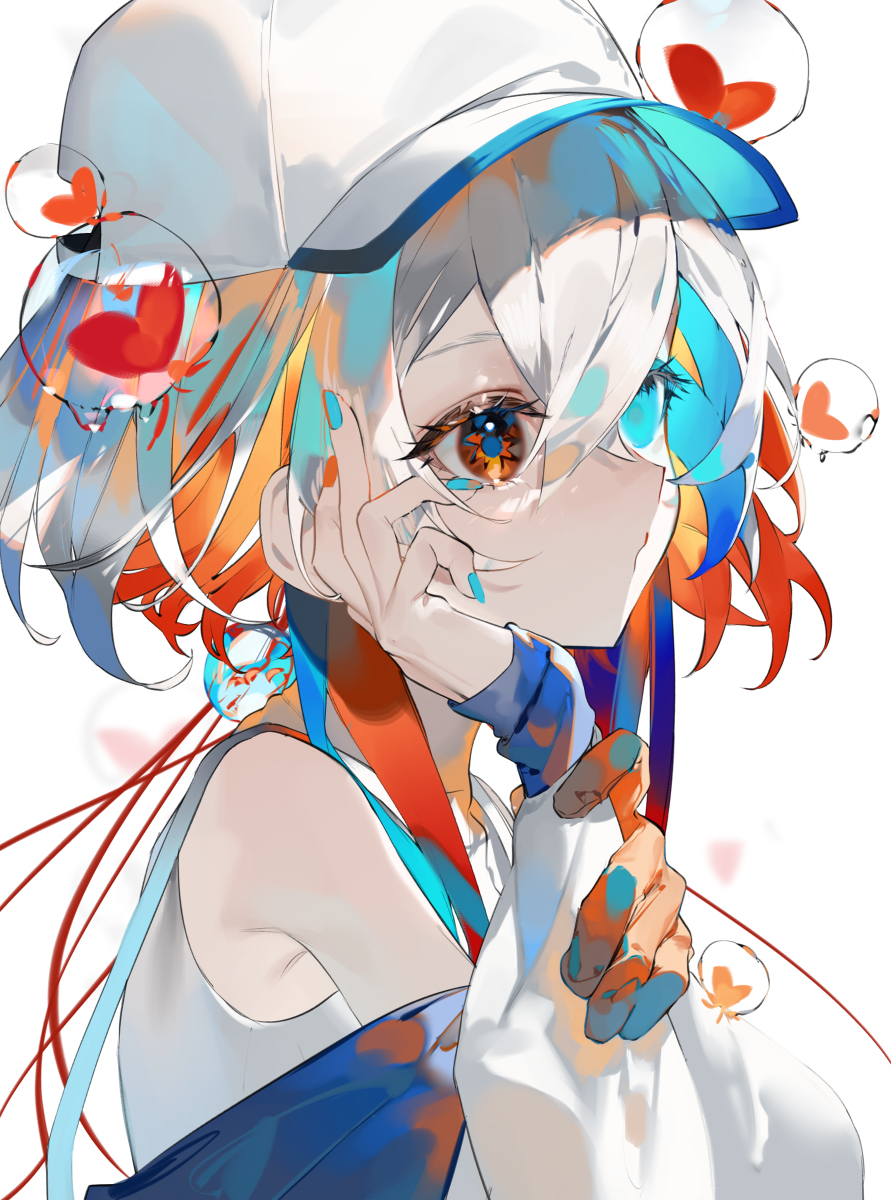 an anime girl with white hair and wearing a white cap with a blue brim is depicted in a portrait. she has colorful accents of blue and orange throughout her hair and on her clothing. she is shown in a side view with a serious expression, her hand gently touching her face. bubbles containing small hearts are floating around her head. the overall style is vibrant and artistic.