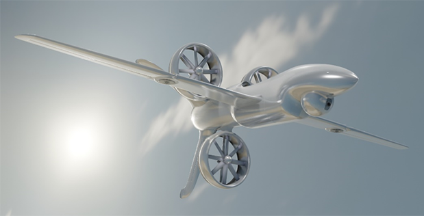 a sleek silver drone with four propellers flies through the sky, its nose camera pointed forward, while a bright sun shines in the background. the drone is flying against a backdrop of fluffy white clouds, creating a sense of futuristic technology and aerial exploration.