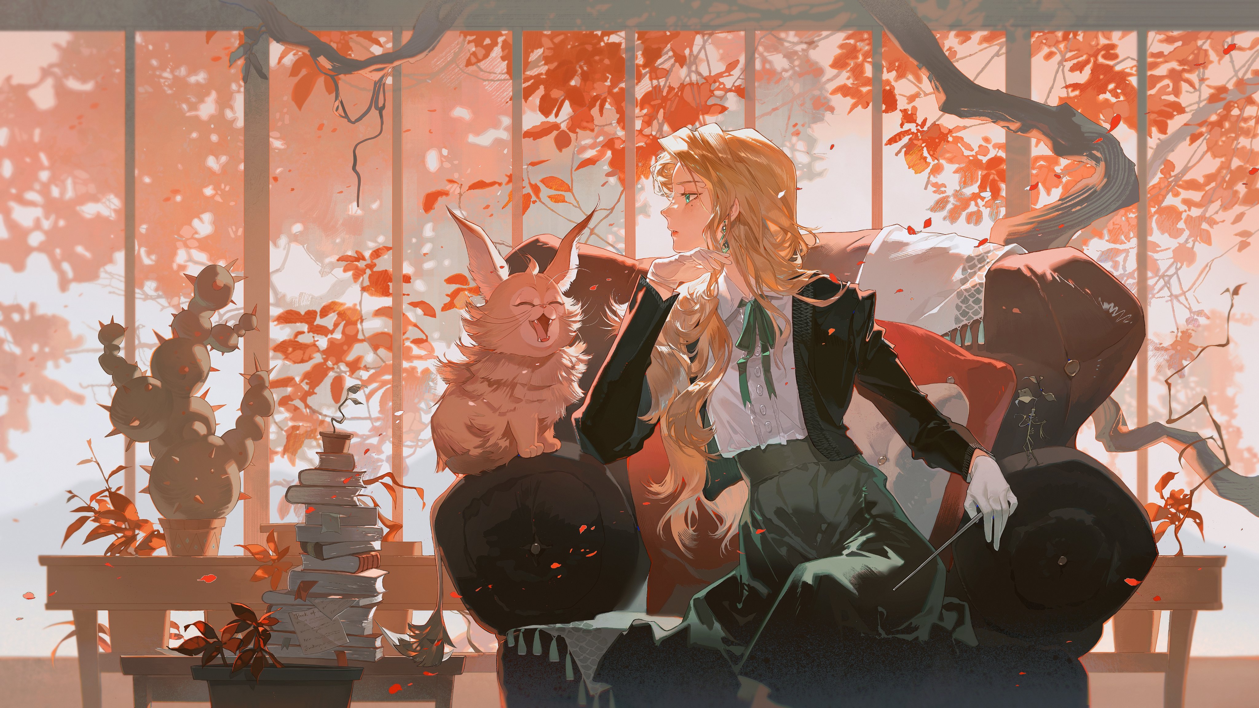 this is a digital art illustration of an anime girl with long blonde hair. she is wearing a white blouse, black jacket, and green skirt. she is sitting on a chair with a furry rabbit sitting on the cushion next to her. they are both smiling and looking happy. the setting is a room with a window that shows red leaves outside. the girl is surrounded by books and a stack of books is on the table next to the chair. the artwork is bright and colorful.  the girl's hair is styled in a way that makes her look very elegant.  the rabbit is very cute and fluffy. the setting is very cozy and inviting. this image is a great example of a digital art illustration that captures a sense of happiness and joy.