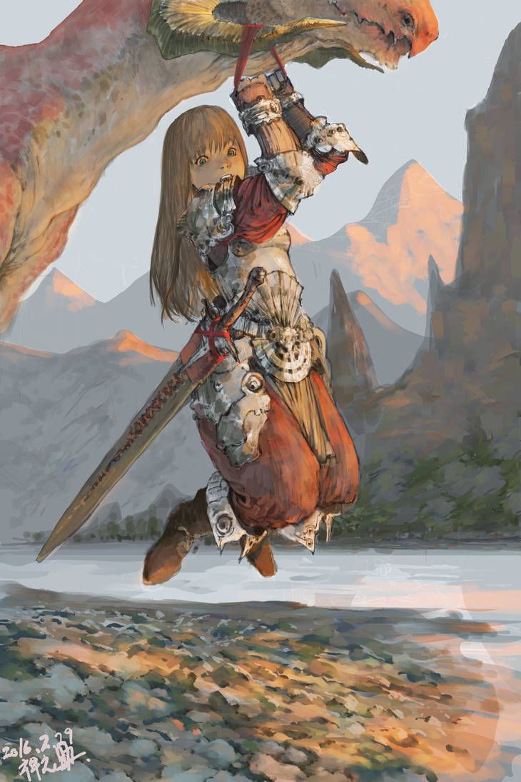 a young girl in armor hangs from a dragon's horn, a sword at her side, in a fantasy landscape with mountains in the background.