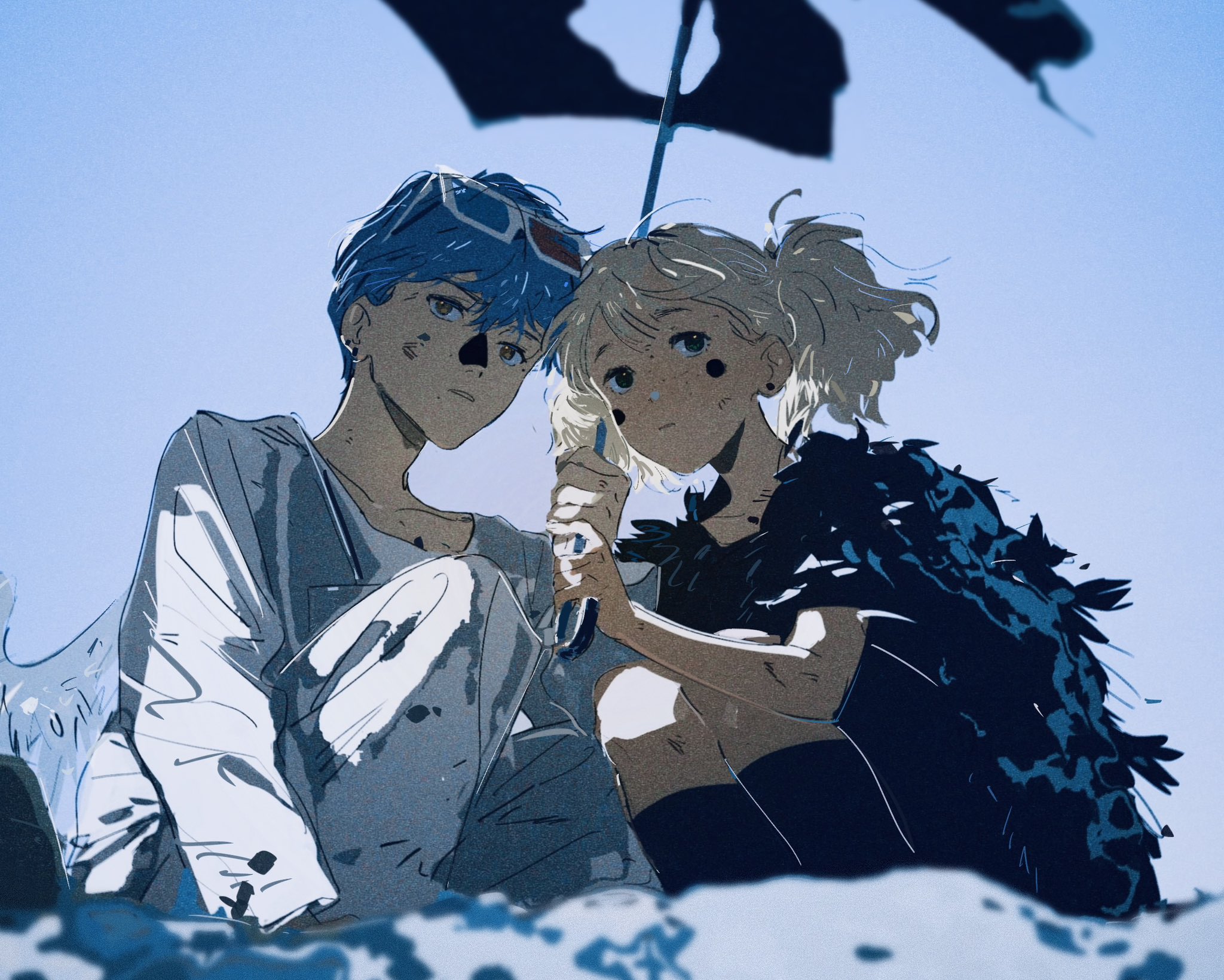 a drawing of a young man and woman sitting together under an umbrella on a beach. the man has blue hair and is wearing a white shirt and pants. the woman has blonde hair and is wearing a black top with feathers and black shorts. the background is a blue sky and a sandy beach. the image has a soft and romantic feel.