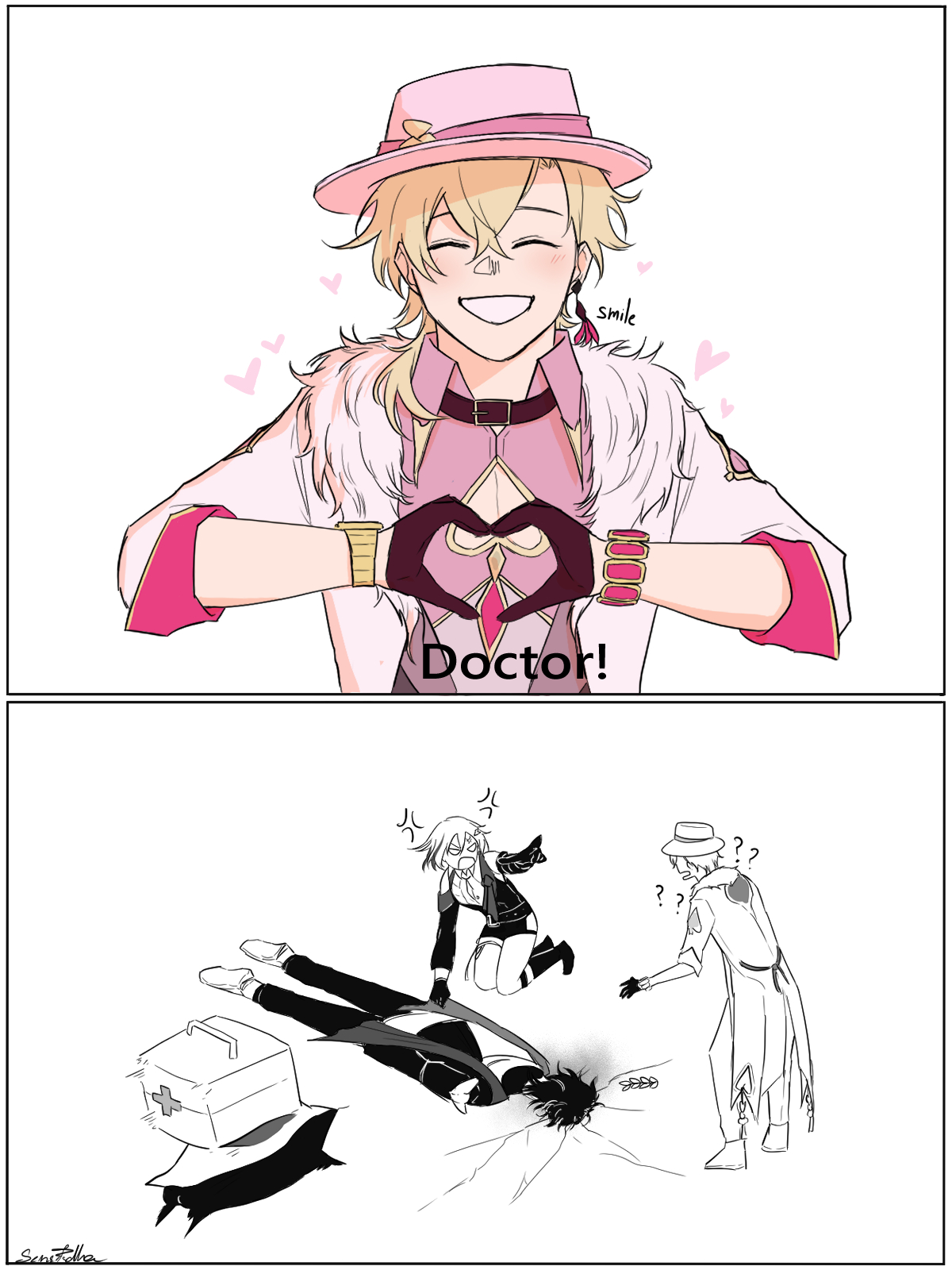 this is a fourpanel comic, the first panel shows an anime character in a pink hat, white coat, and pink fur collar making a heart shape with their hands while smiling. they're saying "doctor!" the second panel shows a character with a white coat and hat standing over a character lying on the floor with their head facing the audience. another character with white hair and a black coat is pointing at the person lying on the floor and saying "?!?!". the third panel shows a firstaid kit on the ground and the character on the floor appears to have had their head explode, the head is now just a bunch of black lines on the ground. the fourth panel shows the character with white hair and a black coat standing over the person on the floor, their head is now just a bunch of black lines on the ground. the character is screaming "!!!"