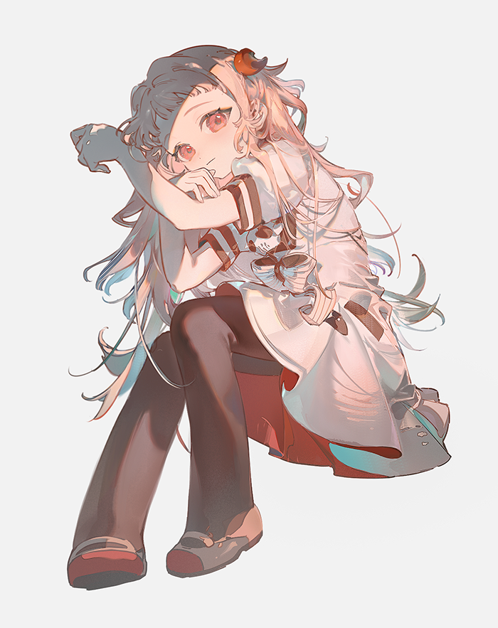 an anime girl is sitting in a stylized pose. she has light skin, gray and pink hair, and red eyes. she is wearing a dress, leggings, and shoes. the background is a light color. she is looking at the viewer.
