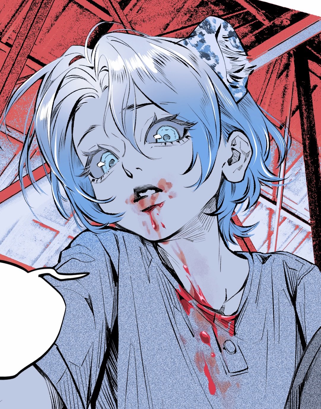 the illustration showcases a closeup of a young, androgynous character with striking blue hair and animal ears, possibly a cat or a leopard. they are depicted in a state of distress or aggression, with wide, manic eyes, blood smeared across their mouth, and a splattering of blood on their clothes.  the background is a chaotic blend of red and white lines, suggestive of a frantic or dangerous setting. the image has a gritty and graphic quality, hinting at a dark or violent narrative.
