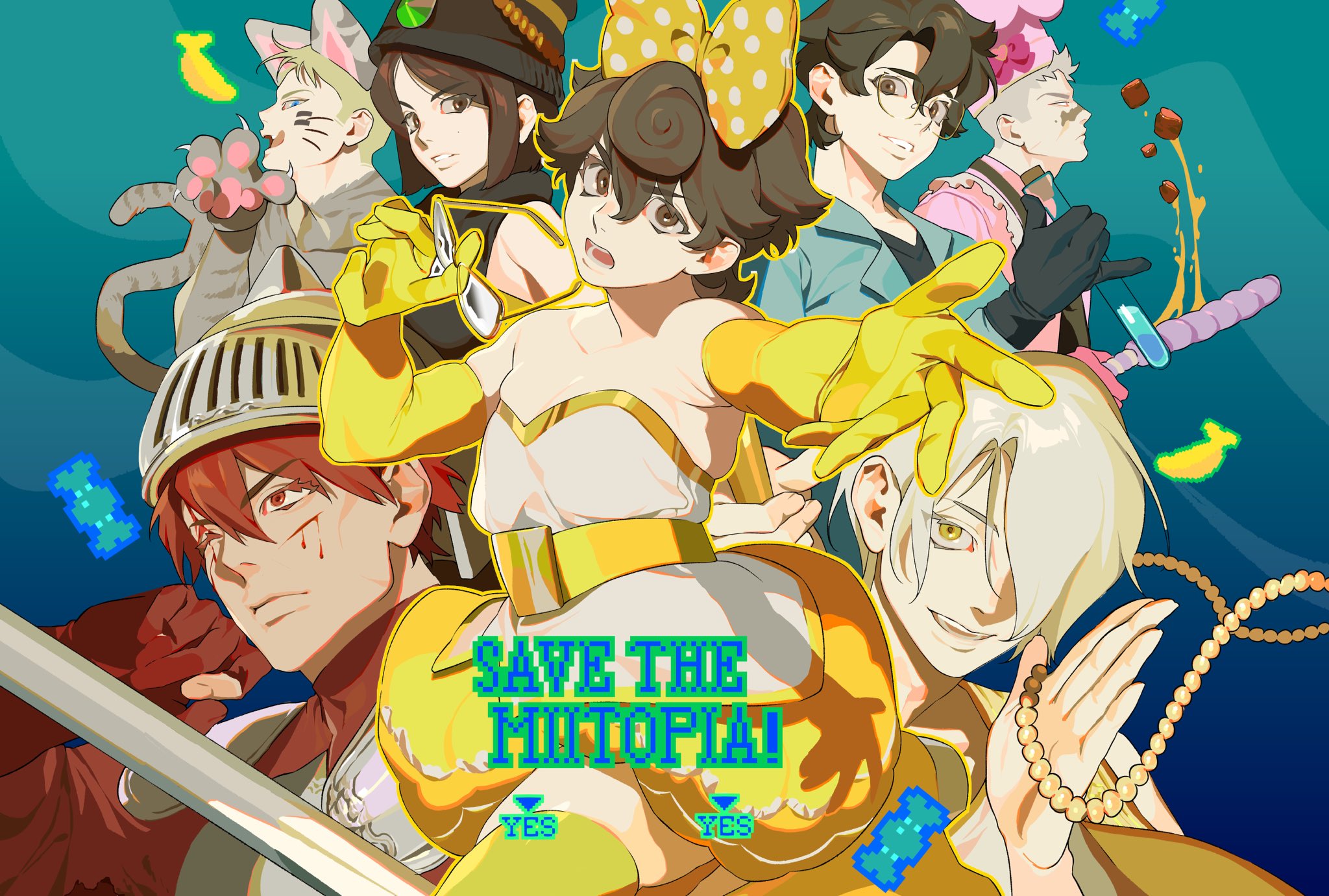 the image is a colorful animestyle illustration featuring various characters. in the center is a character with brown curly hair and a large yellow polkadot bow, wearing a white and yellow outfit with a matching belt and gloves, posing with a determined expression. surrounding this central figure are several other characters in diverse costumes and roles: a knight with red hair and armor, a cat character with blonde hair and cat ears, a character in a chef's hat and pink frills, a scientist with glasses, a character in a dark hat with a green gem, a character holding a string of pearls, and a demon lord with white hair. there are pixelated objects and bananas floating around. the text "save the miitopia!" is prominently displayed, along with pixelated buttons labeled "yes." the background is a gradient of blue.