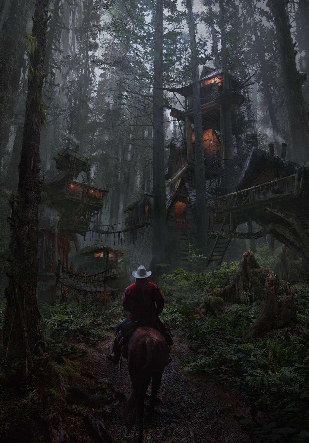 a lone cowboy on horseback journeys through a dense and misty forest.  the path he rides upon leads deeper into the woods, towards a collection of intricately built treehouses interconnected with rope bridges.  the atmosphere is heavy with an ethereal and slightly ominous tone, hinting at a hidden and perhaps magical civilization residing within the trees.