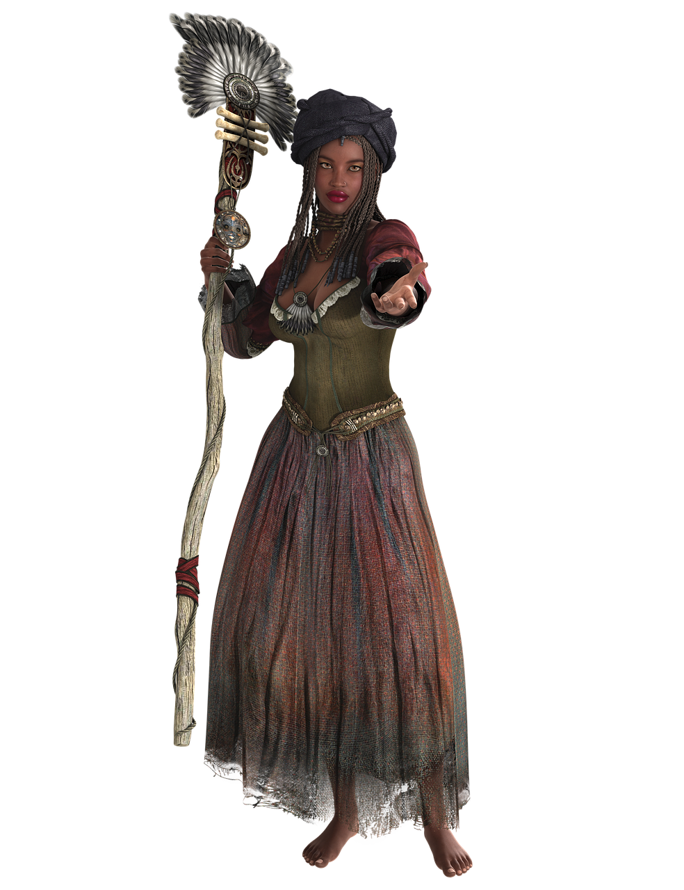 a digital art image depicts a woman wearing a headdress, a long skirt, and a costume. she is holding a staff and is barefoot. the shot is a medium shot and the image has a fantasy theme.