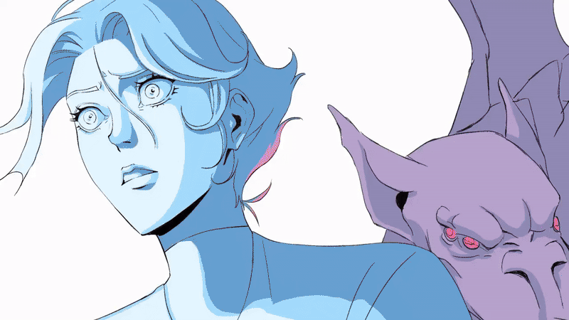 a woman is staring in horror at a strange creature behind her. the creature has red eyes and looks like a creature from a horror film. the artwork has an anime/manga style.