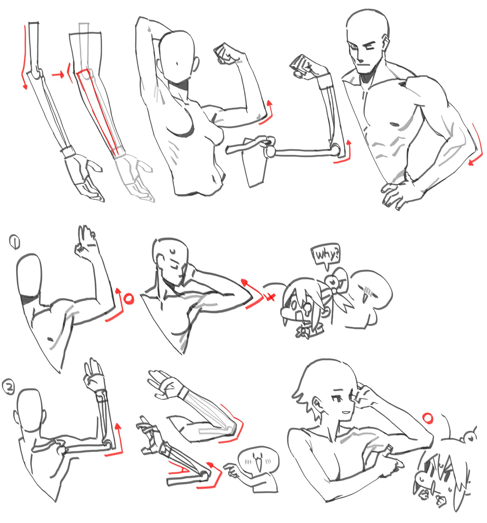 the image is a drawing tutorial showcasing various arm positions and anatomy studies. it includes different perspectives and levels of detail, ranging from simplified mangastyle arms to more anatomically informed depictions. arrows are used to indicate the movement of the arms and the angles of the joints. there are anime/manga styled characters reacting to some of the drawings, seemingly providing comedic commentary. the image is aimed at artists looking for reference and guidance on drawing arms in different poses.