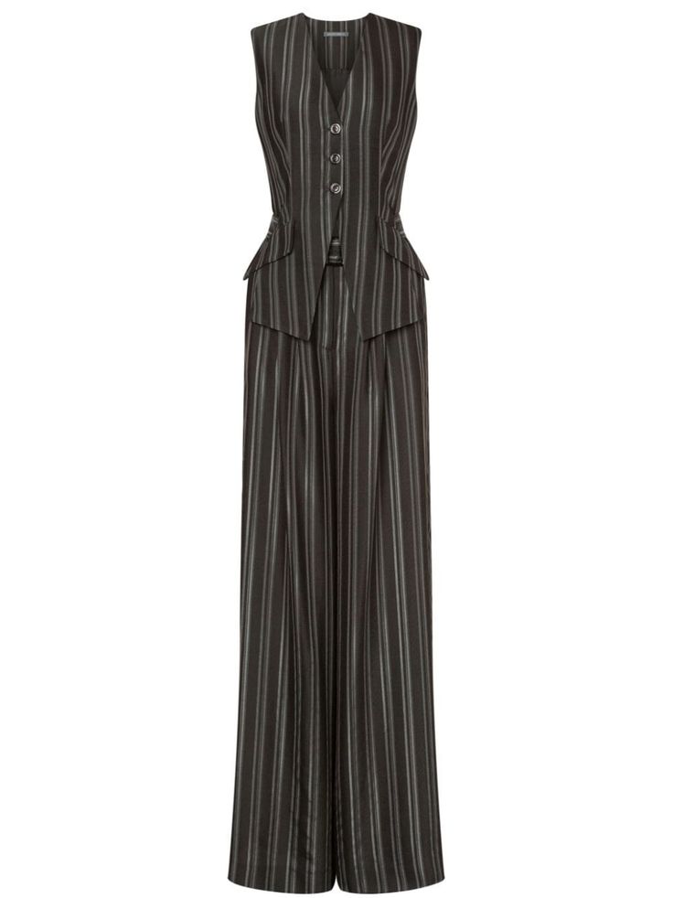 a women's formal striped suit in black and grey featuring a vest and wideleg pants.