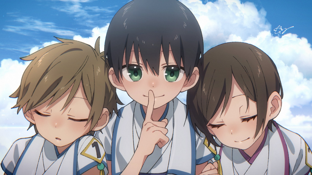 three anime children in matching outfits are huddled close, two leaning their heads on the central figure. the central figure, a boy, has his finger to his lips in a "shh" gesture.  all three children have their eyes closed and slight blushes on their cheeks. the background is a bright blue sky with fluffy white clouds.